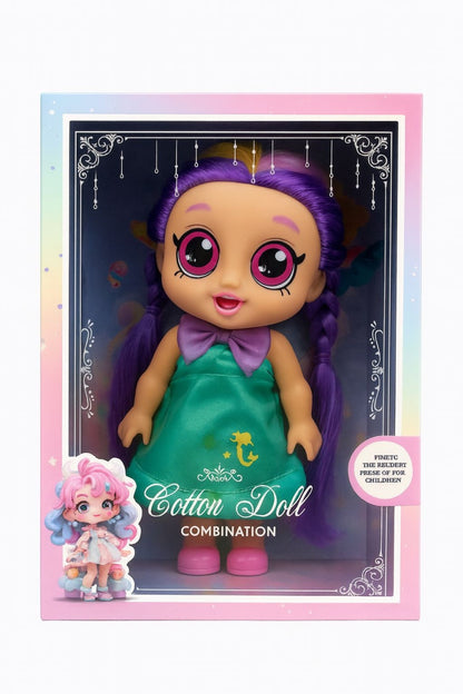 Papusa muzicala Cotton Doll cu Rochie Verde si Par Mov , Jucarie pentru Fetite, 28x20x10cm