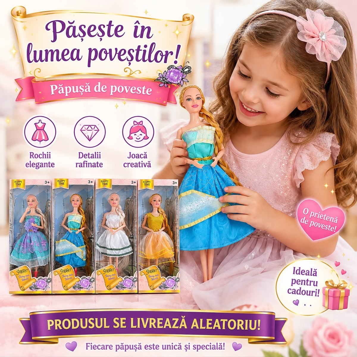 Păpușă Prințesă de Poveste pentru Fetițe 3+ – Model Aleatoriu, Rochie Elegantă