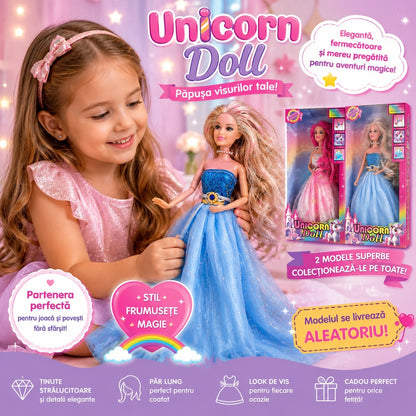 Păpușă Prințesă Unicorn pentru Fetițe, 30 cm, Păr Lung pentru Coafat, Rochie Elegantă – Model Aleatoriu