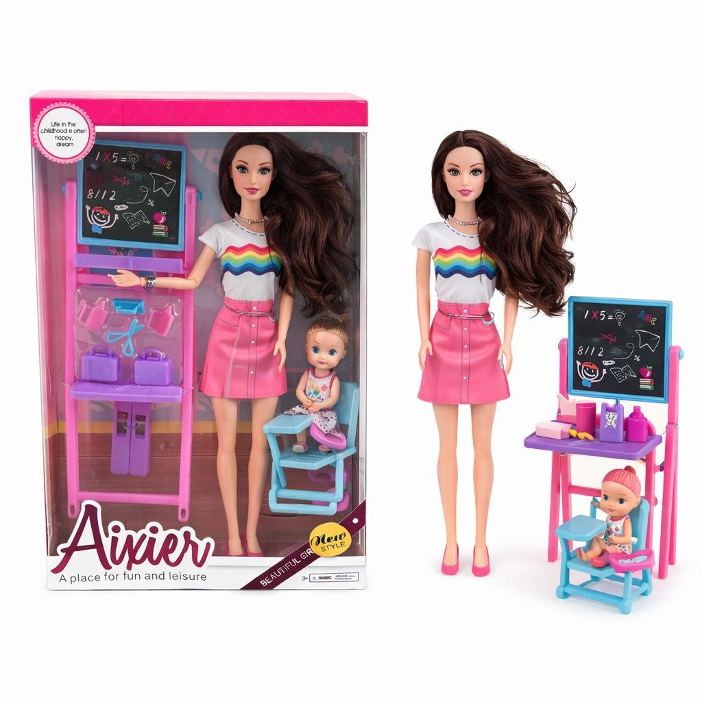 Papusa profesoara cu bebelus si accesorii scoala, set joaca educativ, 32 cm