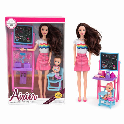 Papusa profesoara cu bebelus si accesorii scoala, set joaca educativ, 32 cm