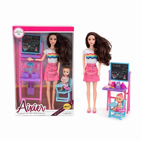 Papusa profesoara cu bebelus si accesorii scoala, set joaca educativ, 32 cm