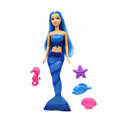 Papusa sirena albastra cu accesorii marine, set jucarie 37 x 16 cm
