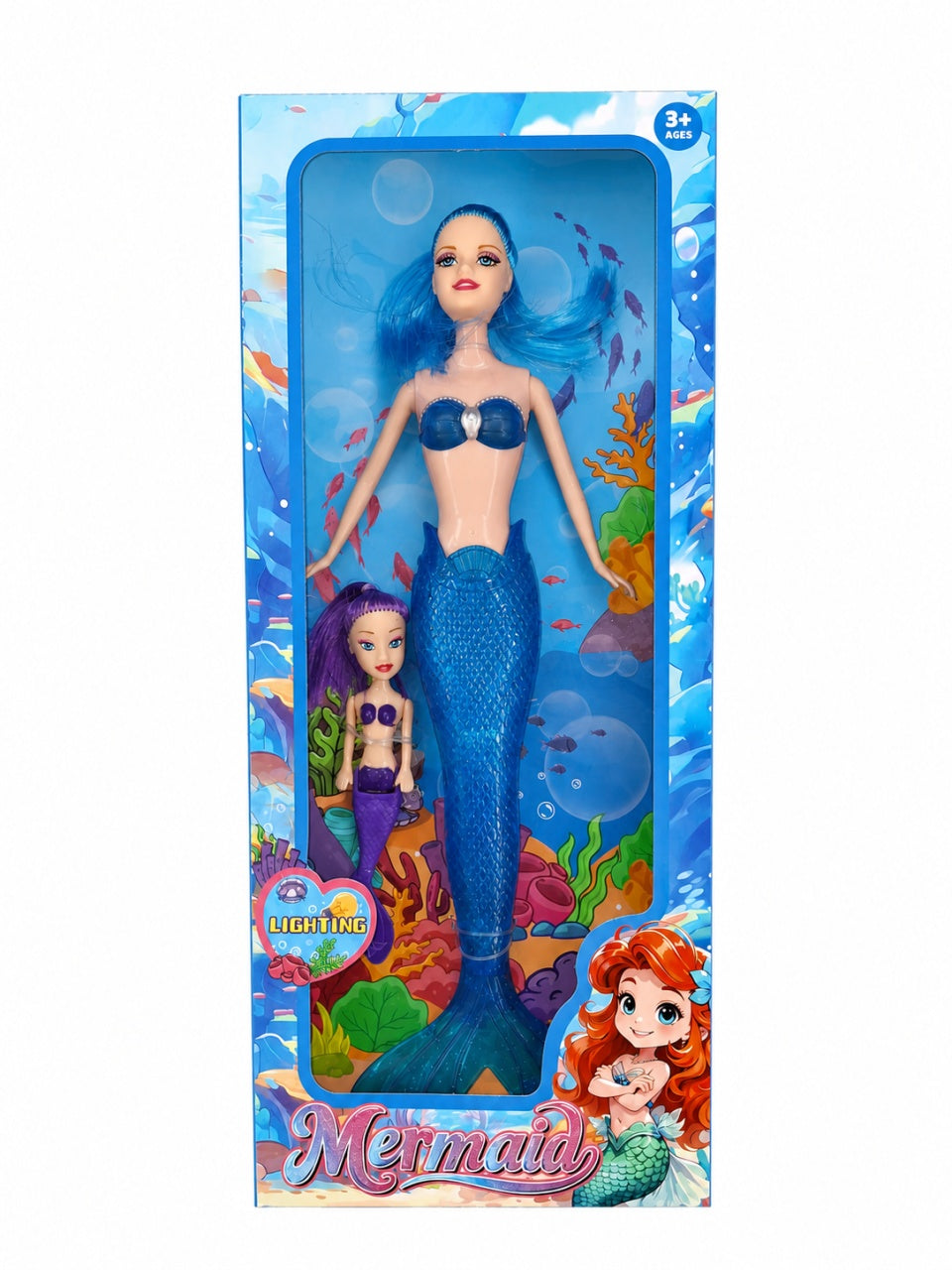 Papusa Sirena cu Accesorii, Set 2 Figurine, Lumini, Albastru +Mov, 38 cm