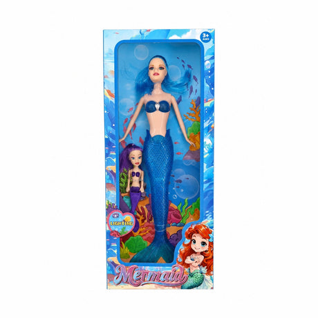 Papusa Sirena cu Accesorii, Set 2 Figurine, Lumini, Albastru +Mov, 38 cm