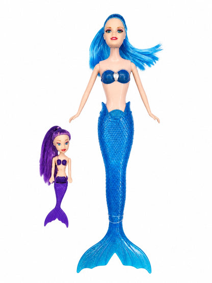 Papusa Sirena cu Accesorii, Set 2 Figurine, Lumini, Albastru +Mov, 38 cm