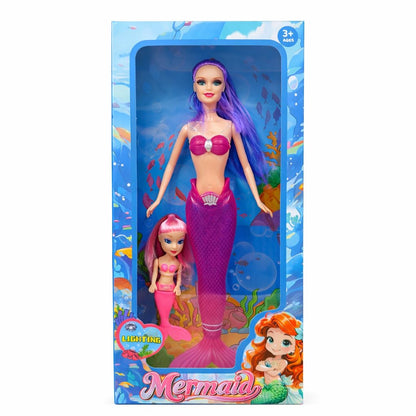 Papusa Sirena cu Pui Sirena, Set Papusi Copii cu Par Mov si Coada Roz, 38 cm