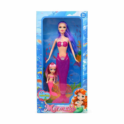 Papusa Sirena cu Pui Sirena, Set Papusi Copii cu Par Mov si Coada Roz, 38 cm
