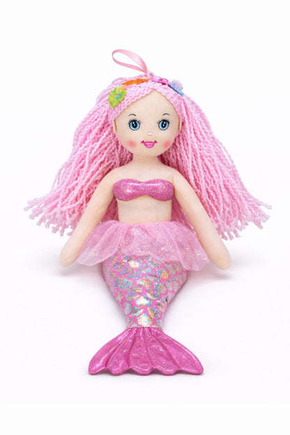 Papusa sirena muzicala roz deschis din material textil 40 cm, canta Bau Bau