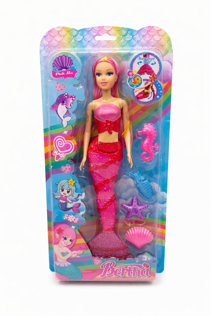 Papusa sirena roz cu accesorii marine, set jucarie copii 37 x 16 cm
