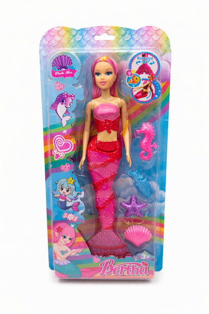 Papusa sirena roz cu accesorii marine, set jucarie copii 37 x 16 cm