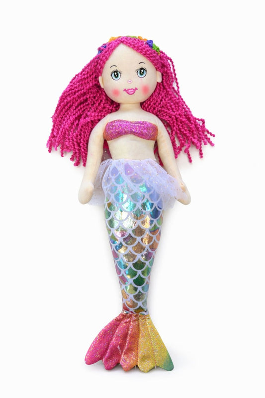 Papusa sirena textila muzicala 42 cm, canta „Bau Bau”, coada curcubeu, par roz, +3 ani