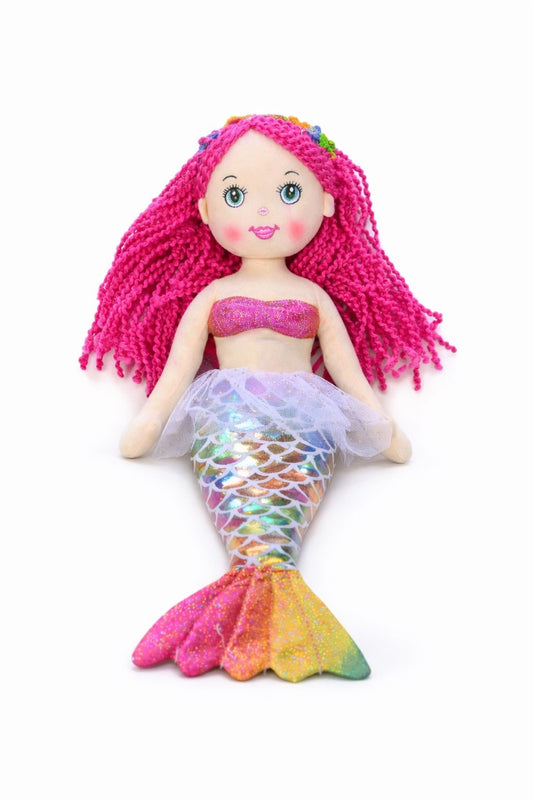 Papusa sirena textila muzicala 42 cm, canta „Bau Bau”, coada curcubeu, par roz, +3 ani