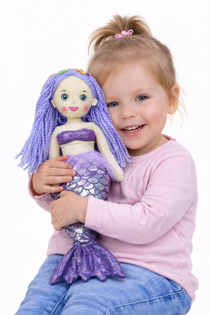 Papusa sirena textila muzicala 42 cm, canta „Bau Bau”, mov, jucarie copii +3 ani