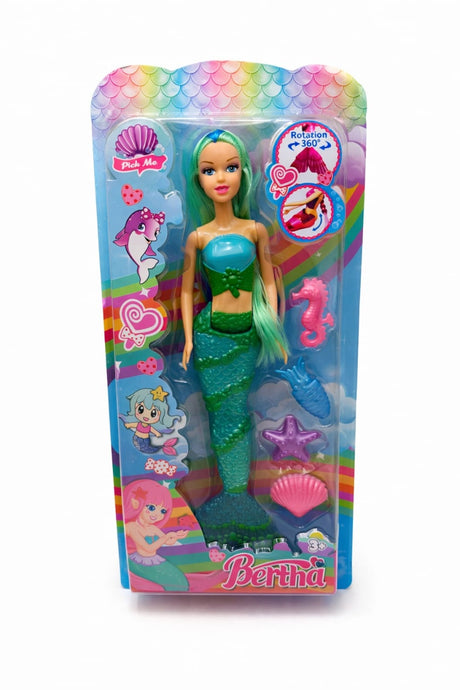 Papusa sirena verde cu accesorii marine, set jucarie copii 37 x 16 cm