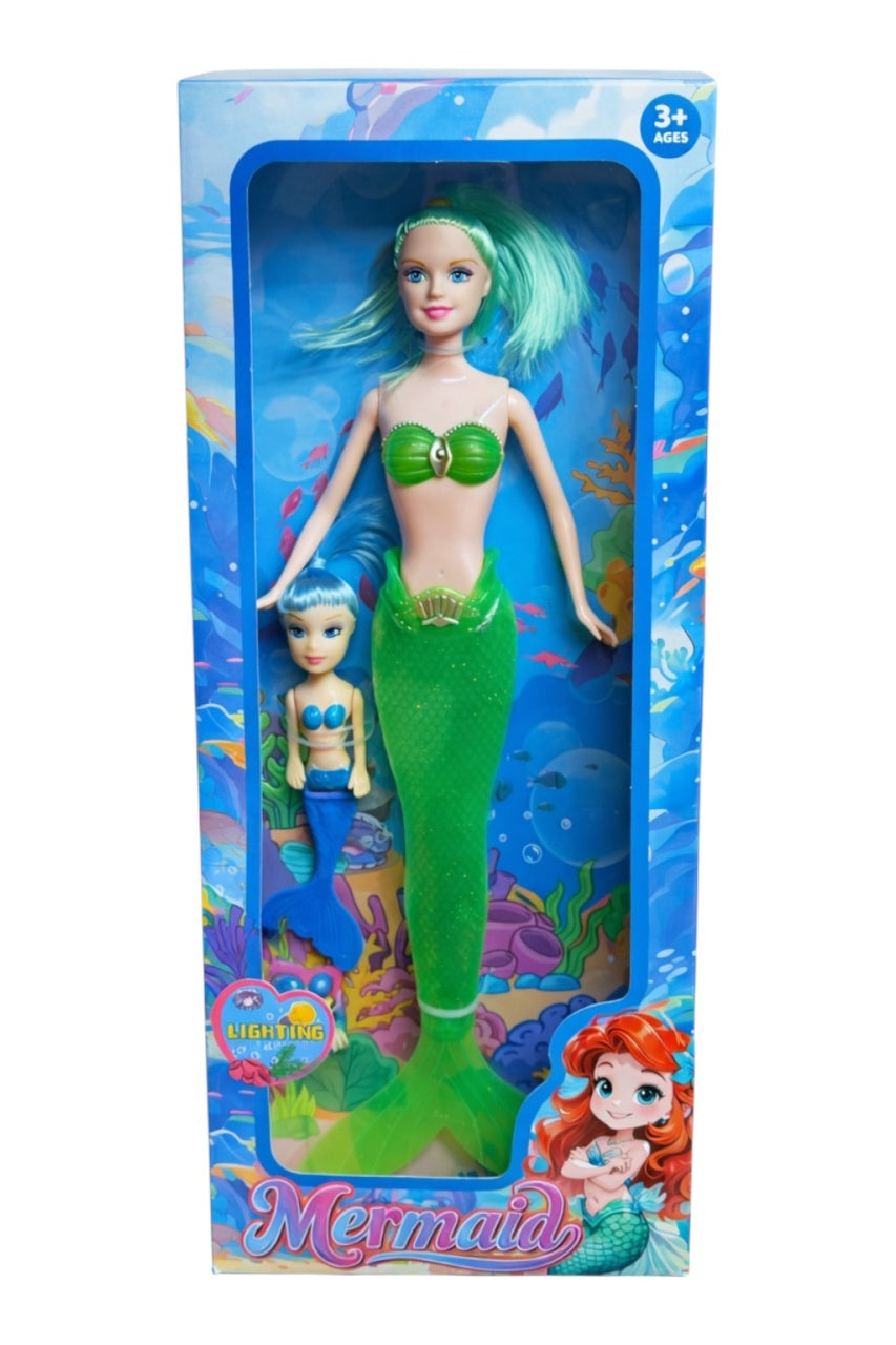Papusa sirena verde+ mini papusa sirena albastra