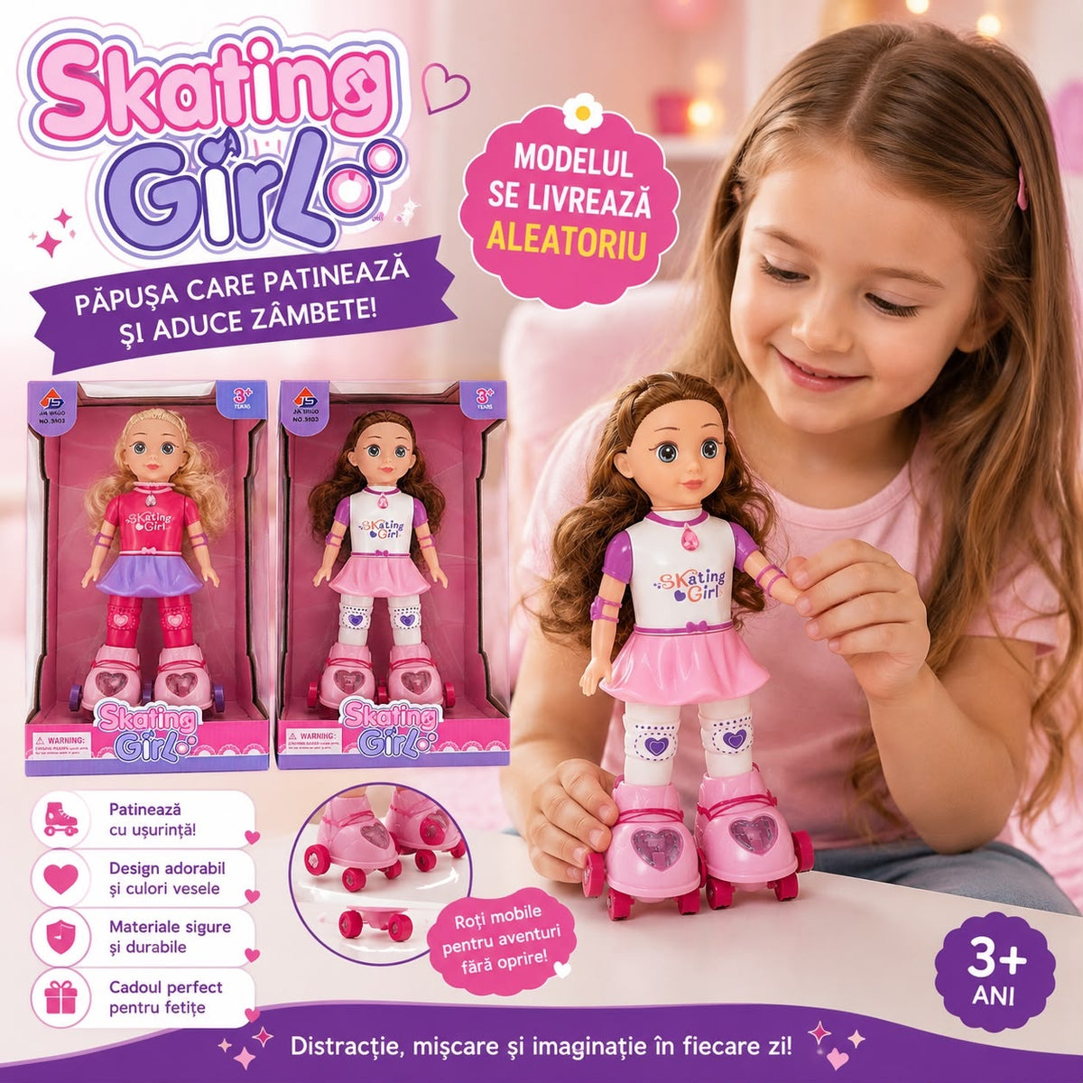 Păpușă Skating Girl cu Role, Model Aleatoriu – Păpușă pentru Fetițe 3+ Ani