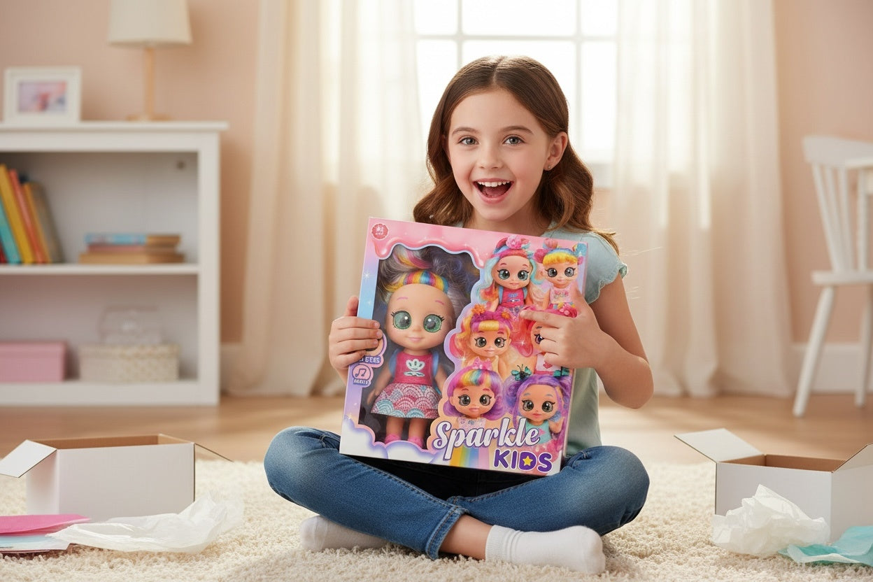 Papusa Sparkle Kids cu Ochisori 5D si Par Curcubeu , 30x30 cm