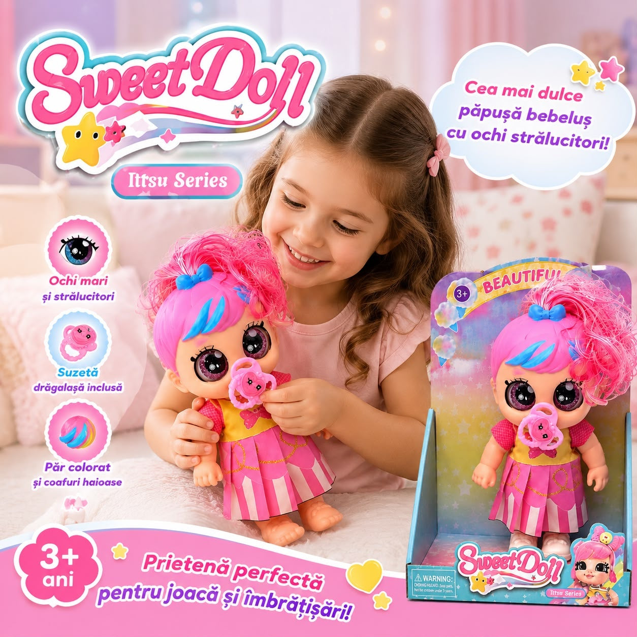 Păpușă Sweet Doll cu Suzetă și Ochi Mari, Model Aleatoriu, 3+ Ani