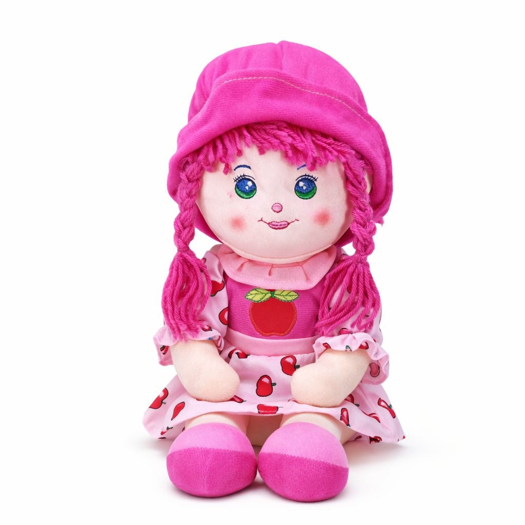 Papusa textila 38 cm, recita „Ingerasul”, rochie roz cu mere, jucarie copii +3 ani