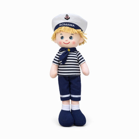 Papusa textila baiat marinar 45 cm, costum marin albastru, jucarie copii +3 ani
