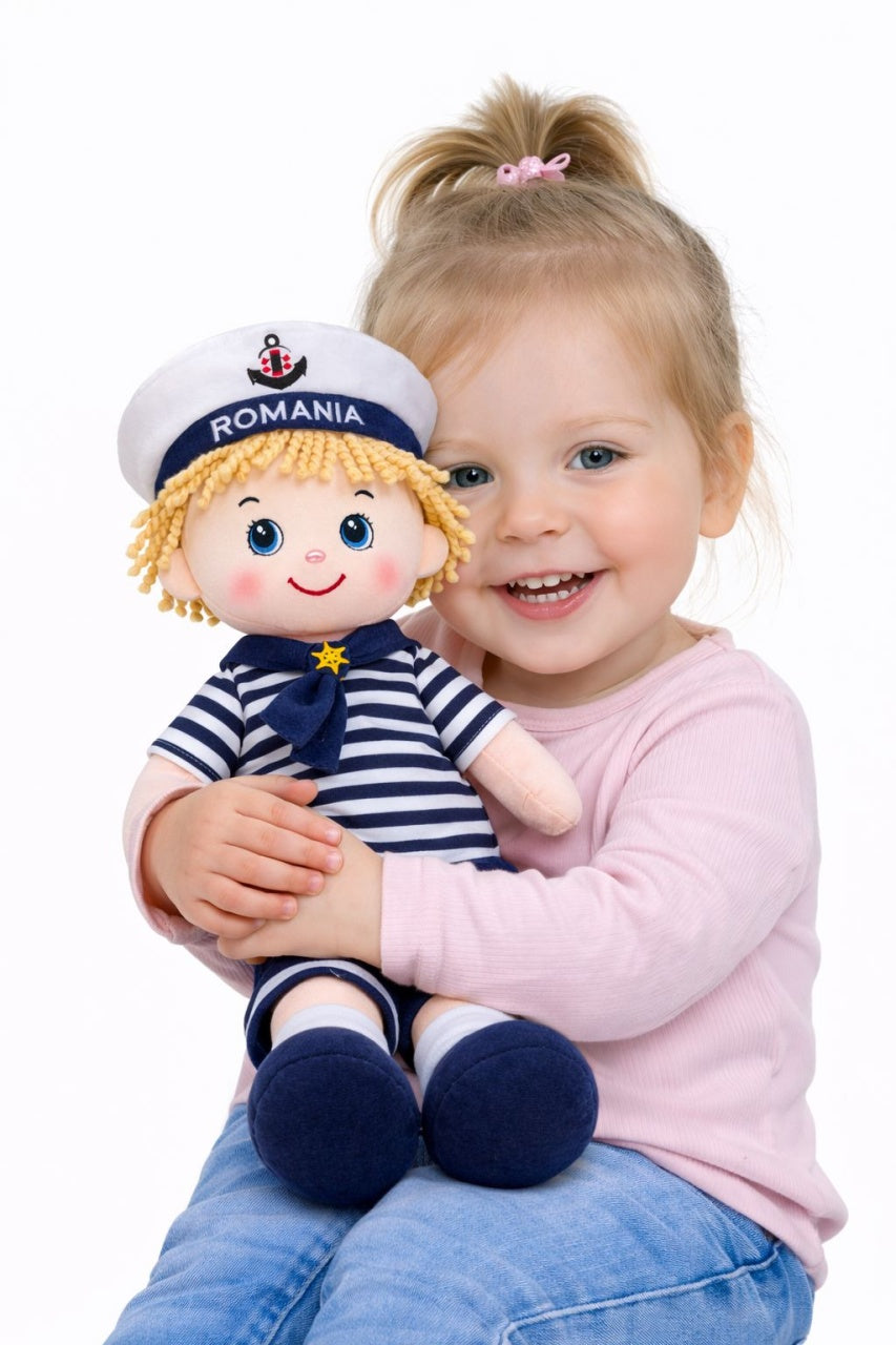 Papusa textila baiat marinar 45 cm, costum marin albastru, jucarie copii +3 ani