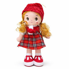 Papusa textila muzicala 40 cm, canta „Bau Bau”, rochie rosie, jucarie copii +3 ani