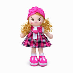 Papusa textila muzicala 40 cm, canta „Bau Bau”, rochie roz carouri, jucarie copii +3 ani