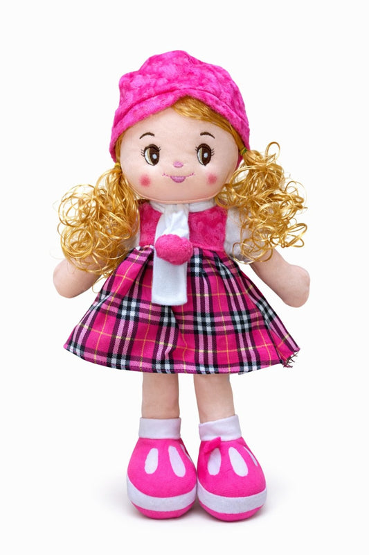 Papusa textila muzicala 40 cm, canta „Bau Bau”, rochie roz carouri, jucarie copii +3 ani