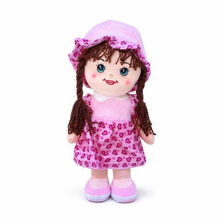 Papusa textila muzicala 40 cm, canta „Bau Bau”, rochie roz deschis cu inimioare, jucarie copii +3 ani