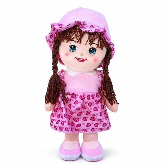 Papusa textila muzicala 40 cm, canta „Bau Bau”, rochie roz deschis cu inimioare, jucarie copii +3 ani