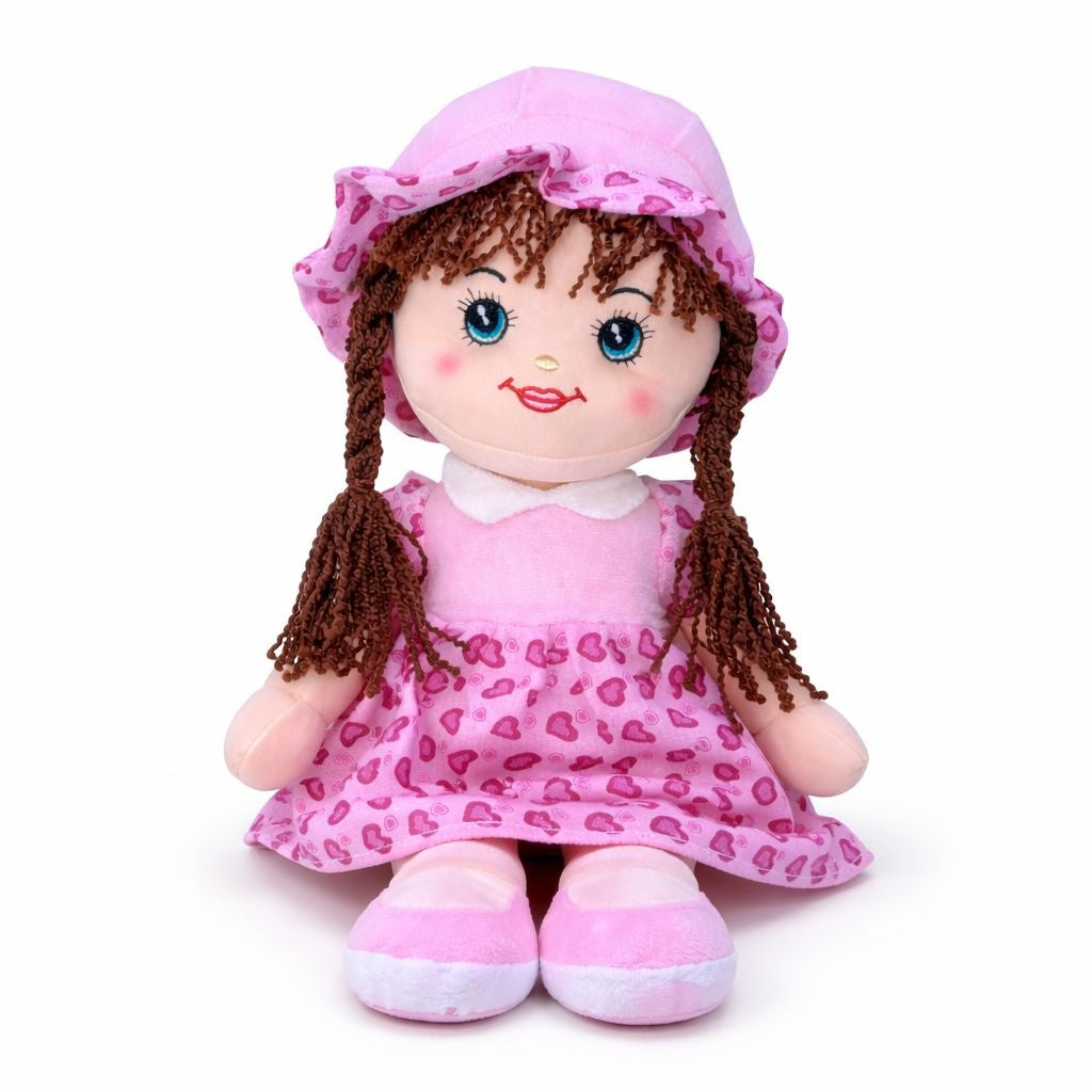 Papusa textila muzicala 40 cm, canta „Bau Bau”, rochie roz deschis cu inimioare, jucarie copii +3 ani