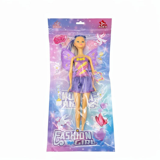 Papusa zana jucarie 30 cm cu aripi si rochie mov roz, Fashion Girl