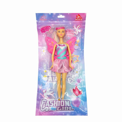 Papusa zana jucarie 30 cm cu aripi si rochie roz, Fashion Girl