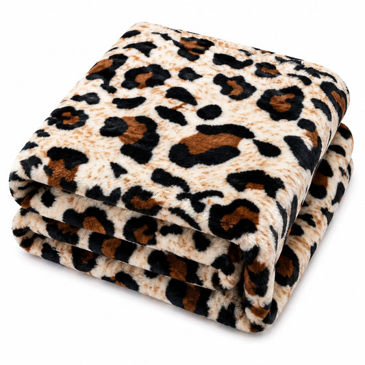 Patura Cocolino Pufoasa Animal Print Leopard, Crem/Maro/Negru, 200x220 cm
