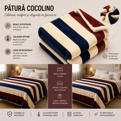 Patura Cocolino Pufoasa cu Dungi Colorate, 200x220 cm, Crem, Albastru si Bordo