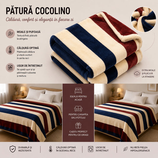 Patura Cocolino Pufoasa cu Dungi Colorate, 200x220 cm, Crem, Albastru si Bordo
