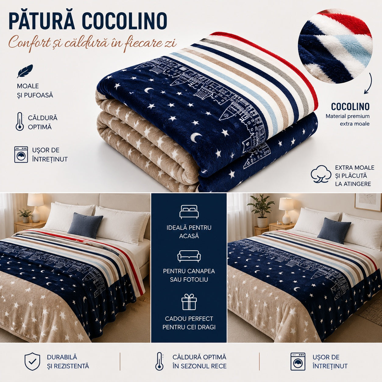 Patura Cocolino Pufoasa cu Dungi si Stele, Bleumarin/Bej, 200x220 cm