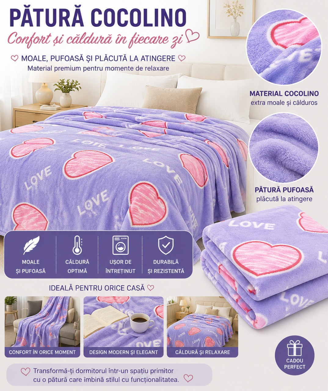 Patura Cocolino Pufoasa cu Inimi Love, 200x220 cm, Mov Deschis