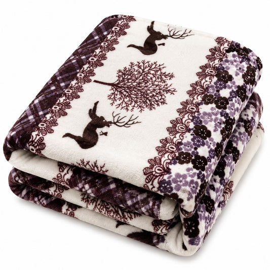 Patura Cocolino Pufoasa cu Model Cerbi si Flori, 200x220 cm, Crem cu Maro