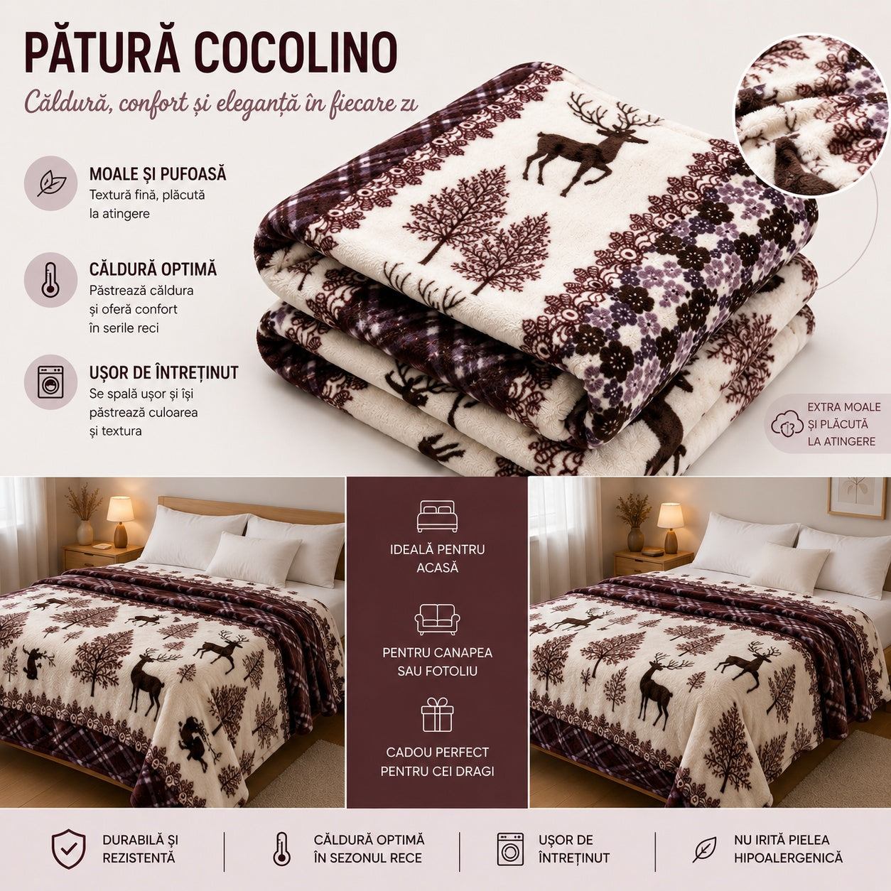 Patura Cocolino Pufoasa cu Model Cerbi si Flori, 200x220 cm, Crem cu Maro