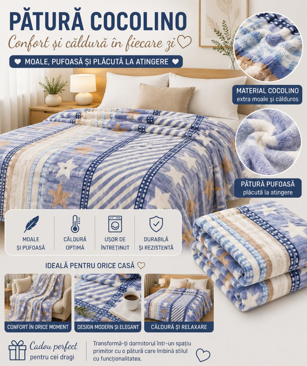 Patura Cocolino Pufoasa cu Model Dungi si Stelute, 200x220 cm, Albastru si Crem
