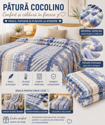 Patura Cocolino Pufoasa cu Model Dungi si Stelute, 200x220 cm, Albastru si Crem