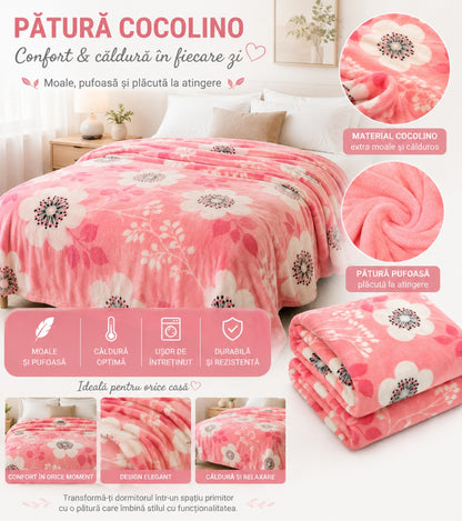 Patura Cocolino Pufoasa cu Model Floral, 200x220 cm, Roz Coral