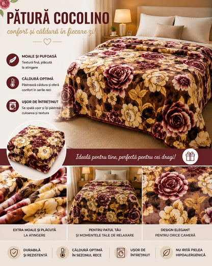 Patura Cocolino Pufoasa cu Model Floral Elegant, 200x220 cm, Maro si Crem