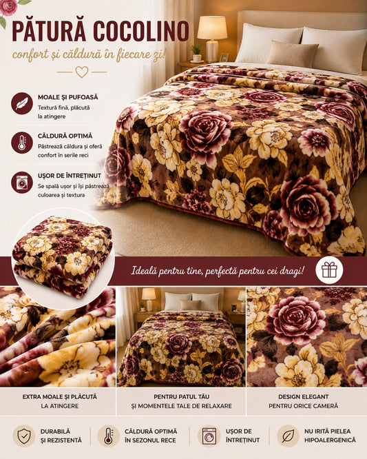 Patura Cocolino Pufoasa cu Model Floral Elegant, 200x220 cm, Maro si Crem