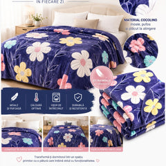 Patura Cocolino Pufoasa cu Model Floral Multicolor, 200x220 cm, Mov Inchis
