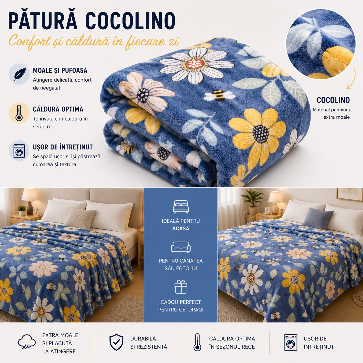 Patura Cocolino Pufoasa cu Model Floral si Albine, 200x220 cm, Albastru