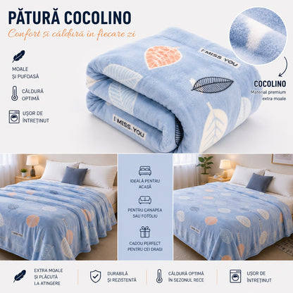 Patura Cocolino Pufoasa cu Model Frunze, 200x220 cm, Albastru Deschis
