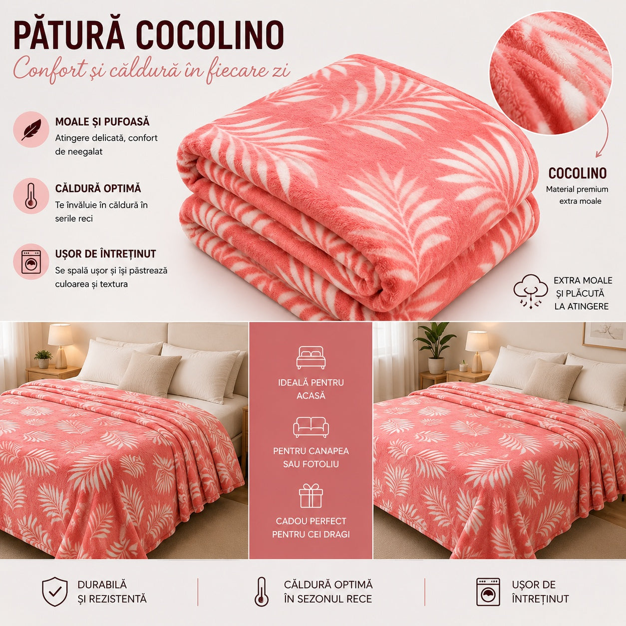 Patura Cocolino Pufoasa cu Model Frunze Tropicale, 200x220 cm, Roz Coral